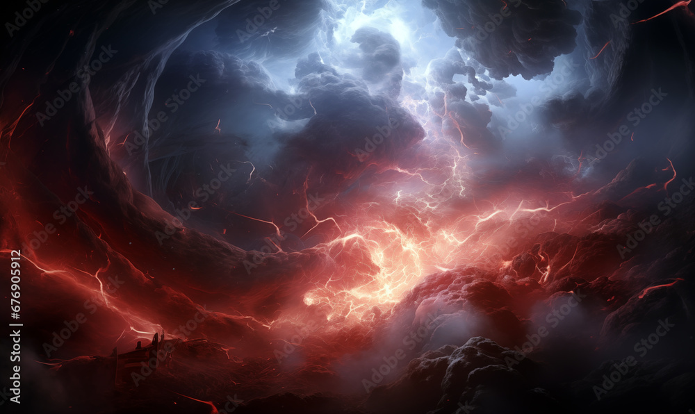 Fiery lightning in dark stormy sky. 3D illustration.