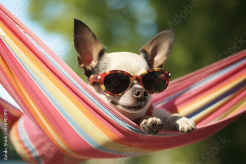 cute chihuahua in enjoying a hammock on a hot summer day, Generative AI