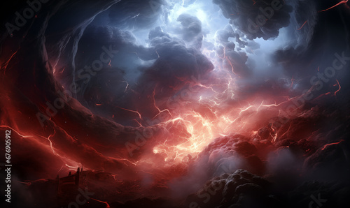 Fiery lightning in dark stormy sky. 3D illustration.