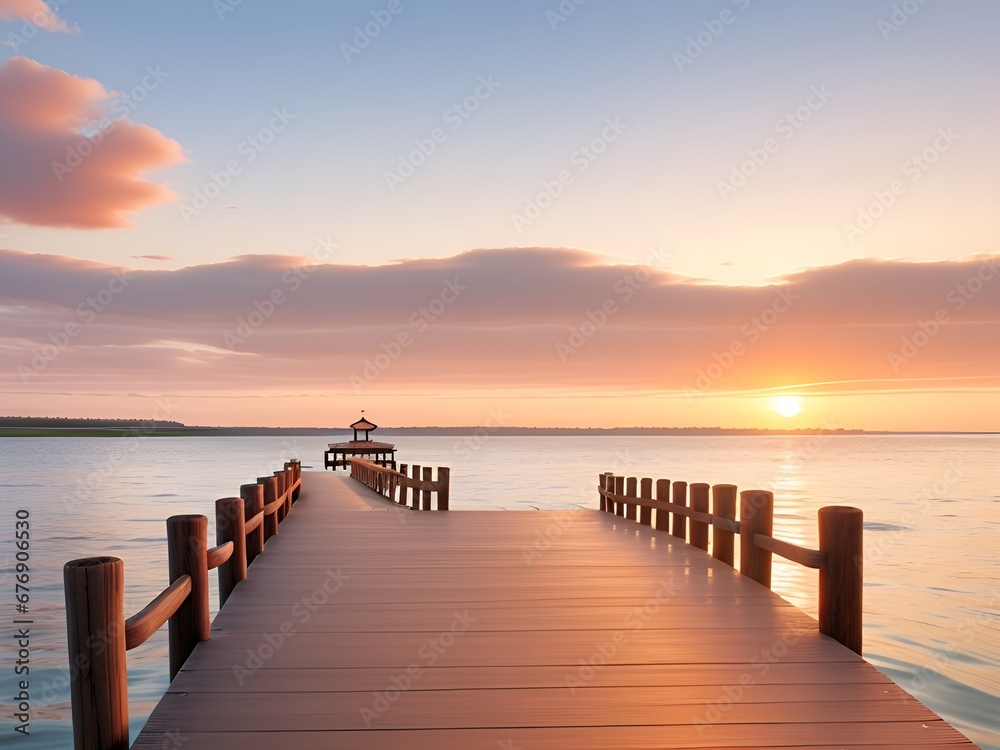Obraz premium Wooden pier on the beach at beautiful sunset in the evening