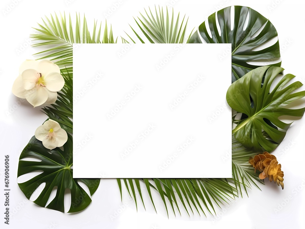 Frame mockup with tropical flowers and monstera big leafs on a white background. Banner or gift card with flowering frame Frame mockup with tropical flowers and monstera big leafs on a white background. Banner or gift card with flowering frame