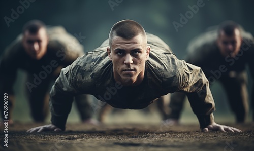 Soldiers doing pushups in military boot camp, army training photo