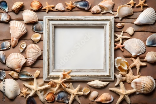 A vintage photo frame suspended on a textured brick wall, adorned with delicate sea shells. 