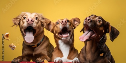 studio shot of cute dogs catching treats on an isolated background, Generative AI photo