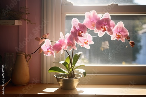 A blooming pink orchid plant sitting on a wooden window