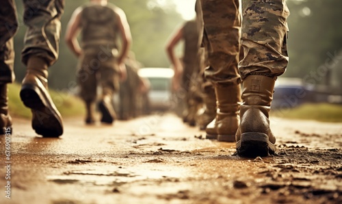 Military Training Ground: Low-Angle Macro Shot of Soldier's Boots on a Muddy Road During Army Training in Boot Camp photo