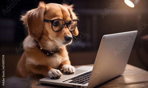 clever dog in glasses working on a laptop. realistic photo