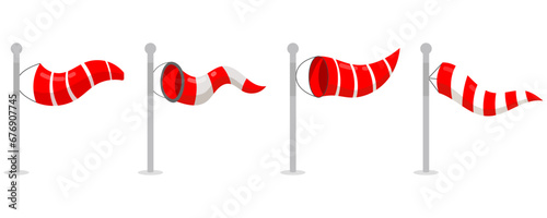 Different windsocks cartoon illustration set. Striped air sleeve or cone for indicating wind direction and velocity or speed on white background. Weather, meteorology, indicator, warning concept