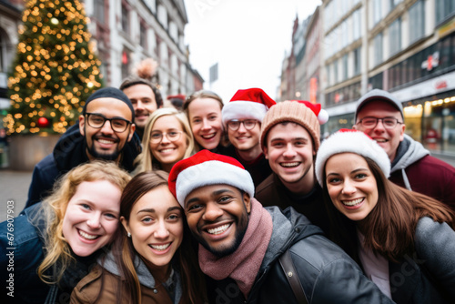 group of friends wearing santa hat celebrating christmas eve together in street