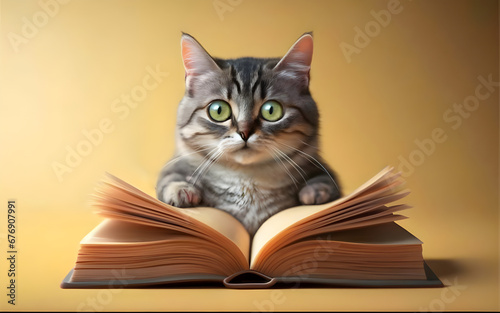 cat and reads a book yellow background