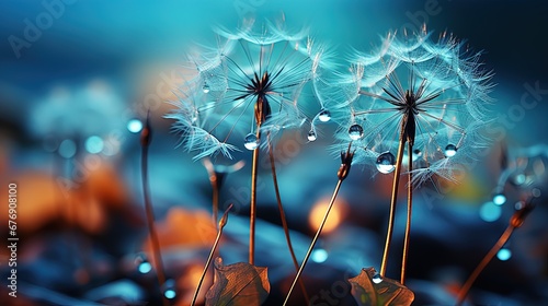 Dandelion seeds in droplets of water on blue and turquoise beautiful background