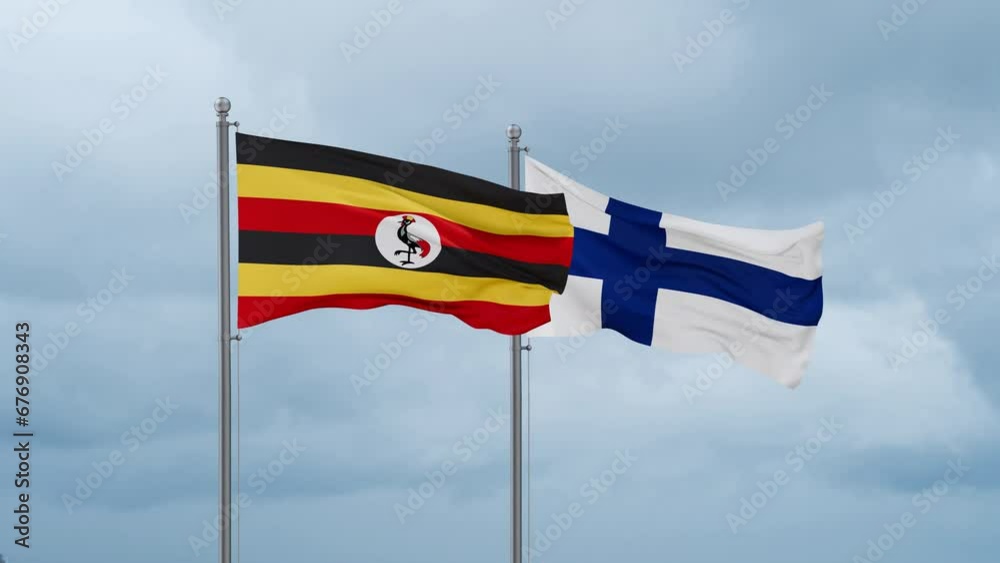 Finland flag and Uganda flag waving together on cloudy sky, endless seamless loop, two country relations concept Finland flag and Uganda flag waving together on cloudy sky, endless seamless loop, two country relations concept