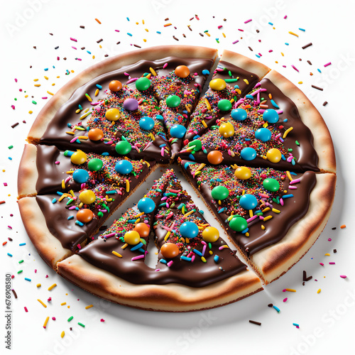 Pizza de Chocolate grande fatiada com granulados coloridos photo