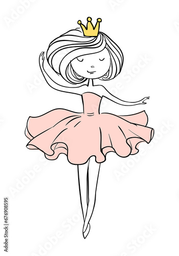 Hand drawn beautiful cute cartoon amazing fashion girl. Dancing princess