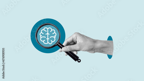 Canvastavla Collage with hand with magnifying glass analyzing brain