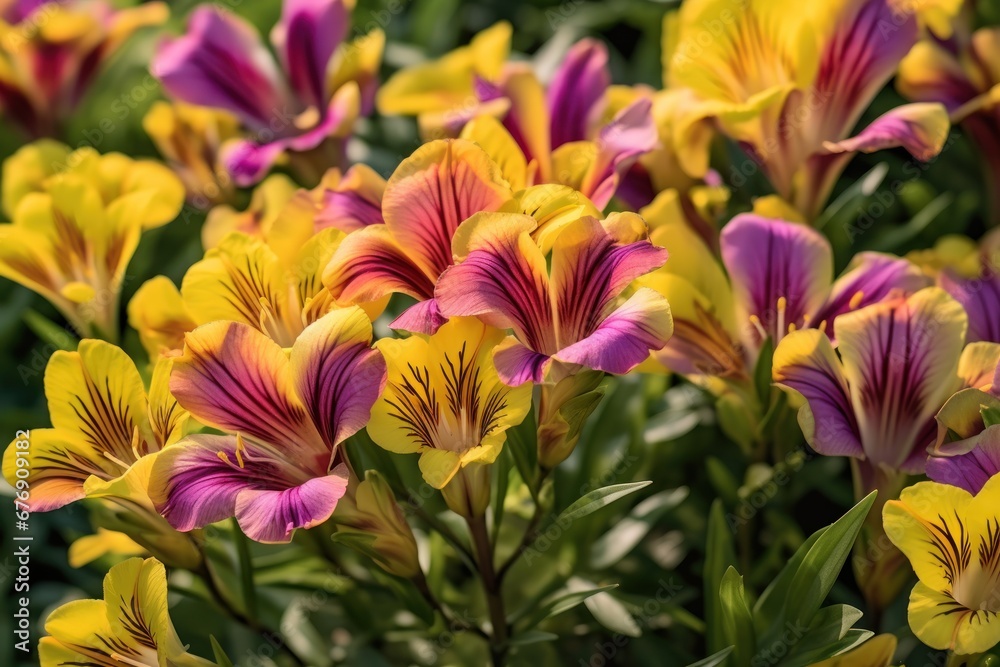 Multicolored alstroemeria flowers in the spring garden. Mother's day concept with a space for a text. Valentine day concept with a copy space.