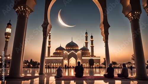 ramadan environment in masjid with people lights moon photo