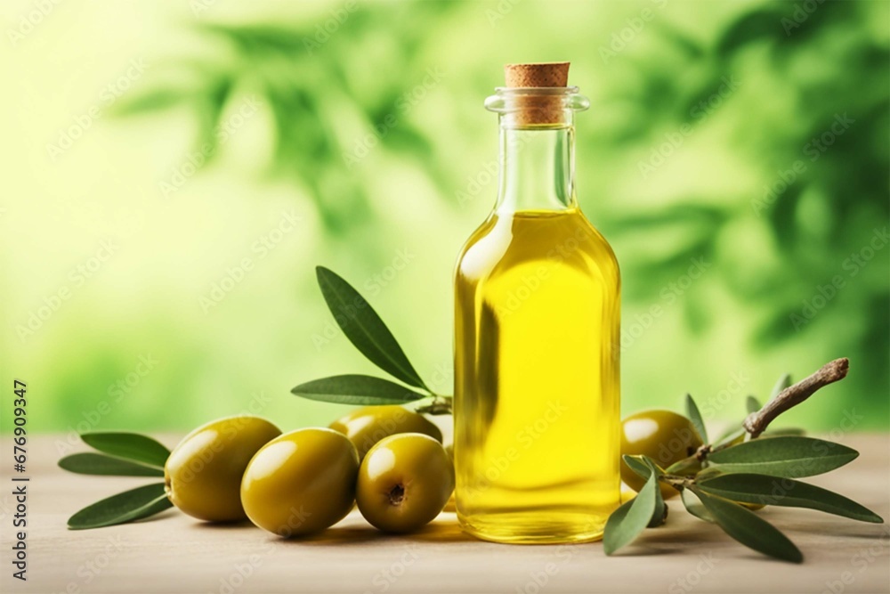 Olive oil in a glass bottle with ripe olive fruits and branches with leaves lying next to it. Fresh harvest