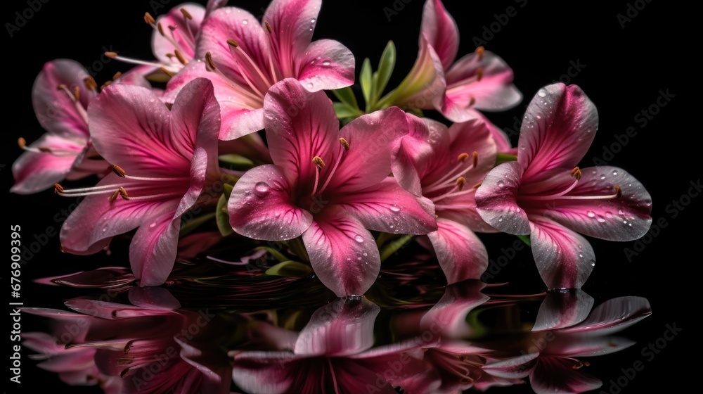 Beautiful pink lily flowers on a black background with water drops. Mother's day concept with a space for a text. Valentine day concept with a copy space.