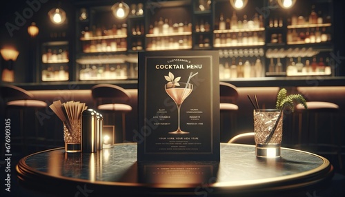A cocktail menu mockup in an elegant bar setting, featuring a blank menu against a backdrop of bar accessories and glasses.