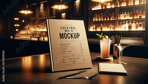 High-quality photograph of a generic cocktail menu set in an inviting bar setting, perfect for design overlays and products. photo