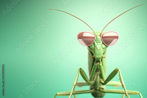 Creative animal concept. Praying mantis insect in sunglass shade glasses isolated on solid pastel background, commercial, editorial advertisement, surreal surrealism
