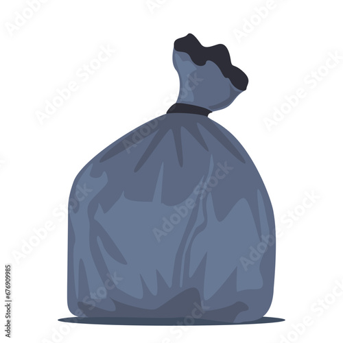 Black package full of garbage. Litter in polyethylene sack. Special disposable container for trash. Vector illustration.