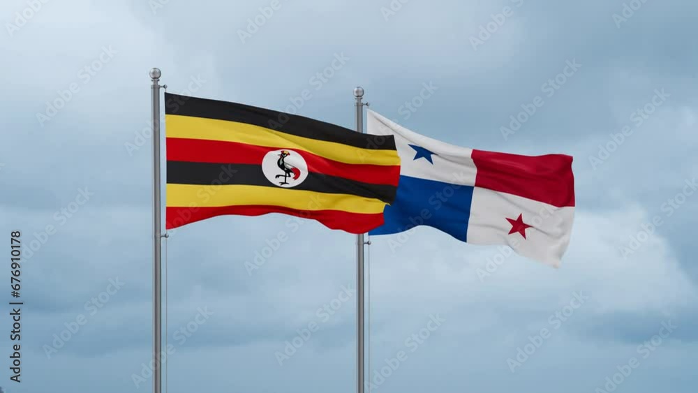 Panama flag and Uganda flag waving together on cloudy sky, endless seamless loop, two country relations concept Panama flag and Uganda flag waving together on cloudy sky, endless seamless loop, two country relations concept