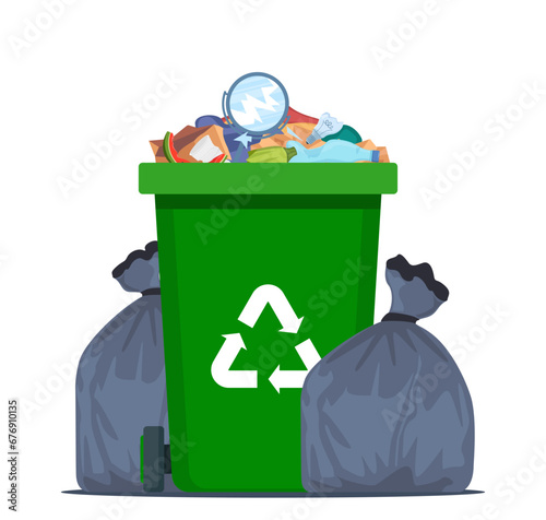 Full garbage bin and black plastic trash bags around. Overflowing recycling container with trash. Green recycle can. Street dump pollution, bin container pile, trashcan basket. Vector illustration. photo
