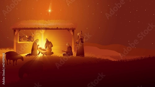 Biblical motion graphics series, nativity scene of The Holy Family in stable for Christmas theme photo
