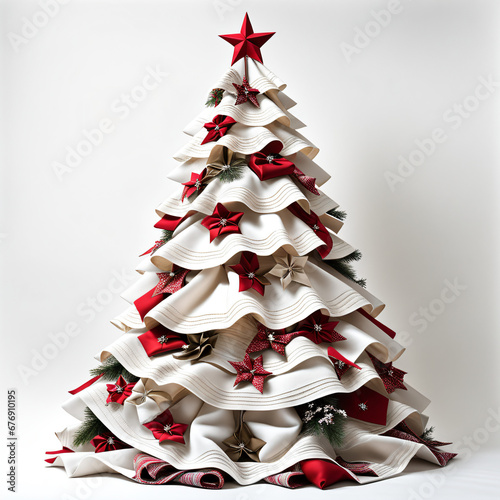 Árvore de Natal feita de pano. Árvore natalina de tecido branco. Linda árvore decorada com enfeites e com fundo branco photo