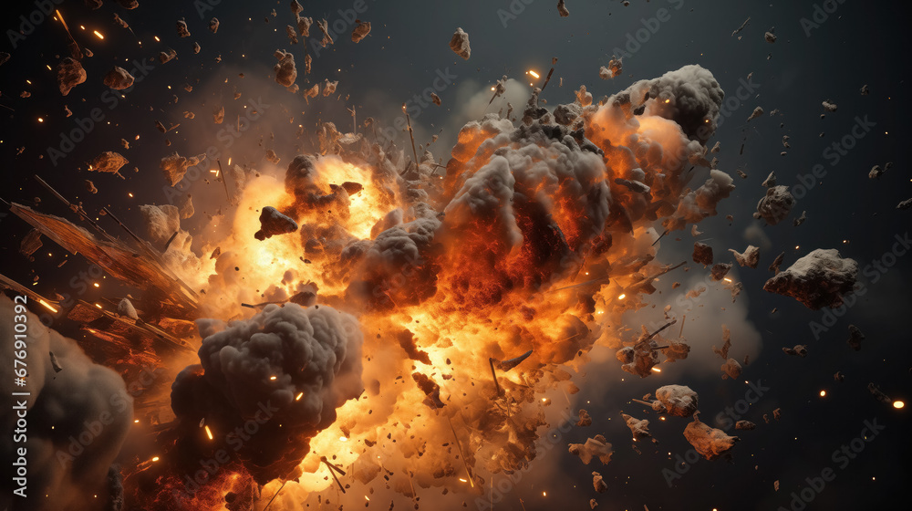 Explosive fireball with debris, a dynamic combustion scene. Explosive fireball with debris, a dynamic combustion scene.