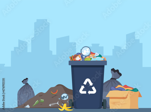 Overflowing trash can. Food garbage in waste bin with nasty smell. Rubbish dump and trash recycling, black bags with trash. City on background. Vector illustration.
