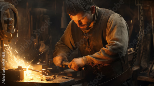 Artisan blacksmith works at an anvil amidst sparks in a dim workshop.