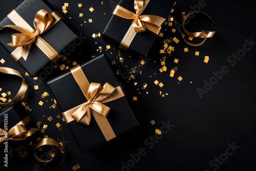 Black gift boxes with gold bows on a dark background. Black Friday concept.
