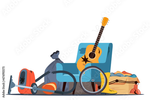 Big heap of trash. Electronic appliances, furniture, old clothes, broken equipment. Waste pile. Unwanted technology devices, not working digital rubbish, dangerous used materials. Vector illustration.