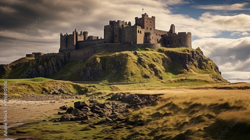 Step into history with the iconic Bamburgh Castle, a medieval fortress perched on a craggy outcrop of volcanic dolerite. This Grade I listed building, nestled in the picturesque landscape of Northumbe