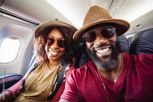 Happy smiling older black tourist couple taking selfie inside airplane. Tourism concept, holidays and traveling lifestyle. © VisualProduction