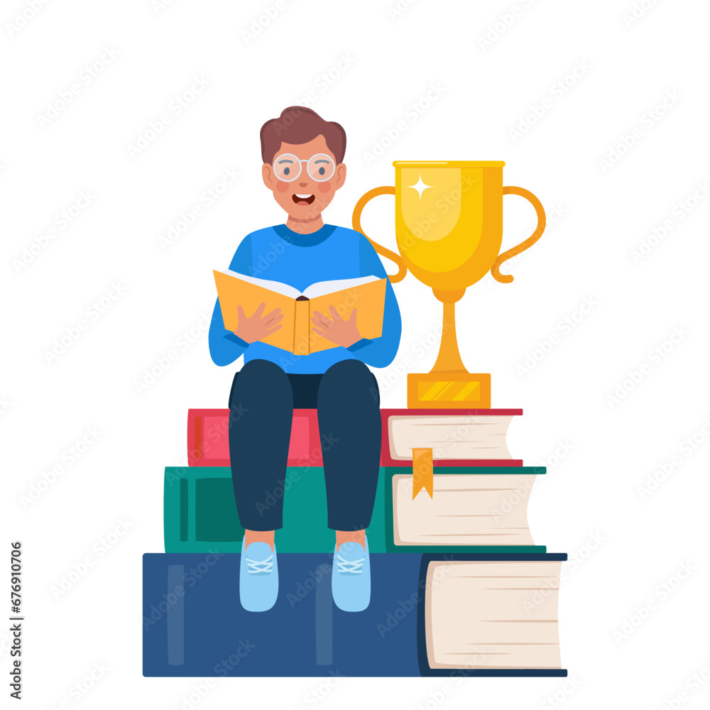 Stack of books with golden cup trophy. Reading, literature, encyclopedia. Boy sitting on the stack of books and reading book. Genius kid. Knowledge, creativity, discoveries. Vector illustration.