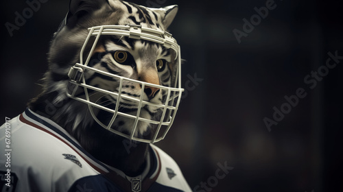 Feline-faced hockey goalie poised and focused on the game.