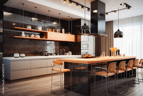 Bright modern kitchen room interior. Open space modern living interior design. Bright big living space. Architecture and home design.