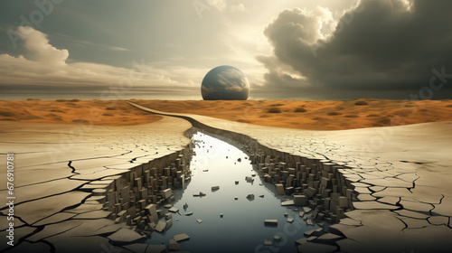 Surreal landscape with cracked earth and submerged cityscape.