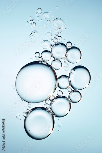 Air bubbles in the water. Active oxygen. Transparent cosmetic gel with bubbles. Hyaluronic acid.