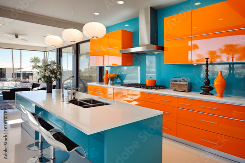 Colorful modern kitchen room interior. Open space modern living interior design. Bright big living space. Architecture and home design.