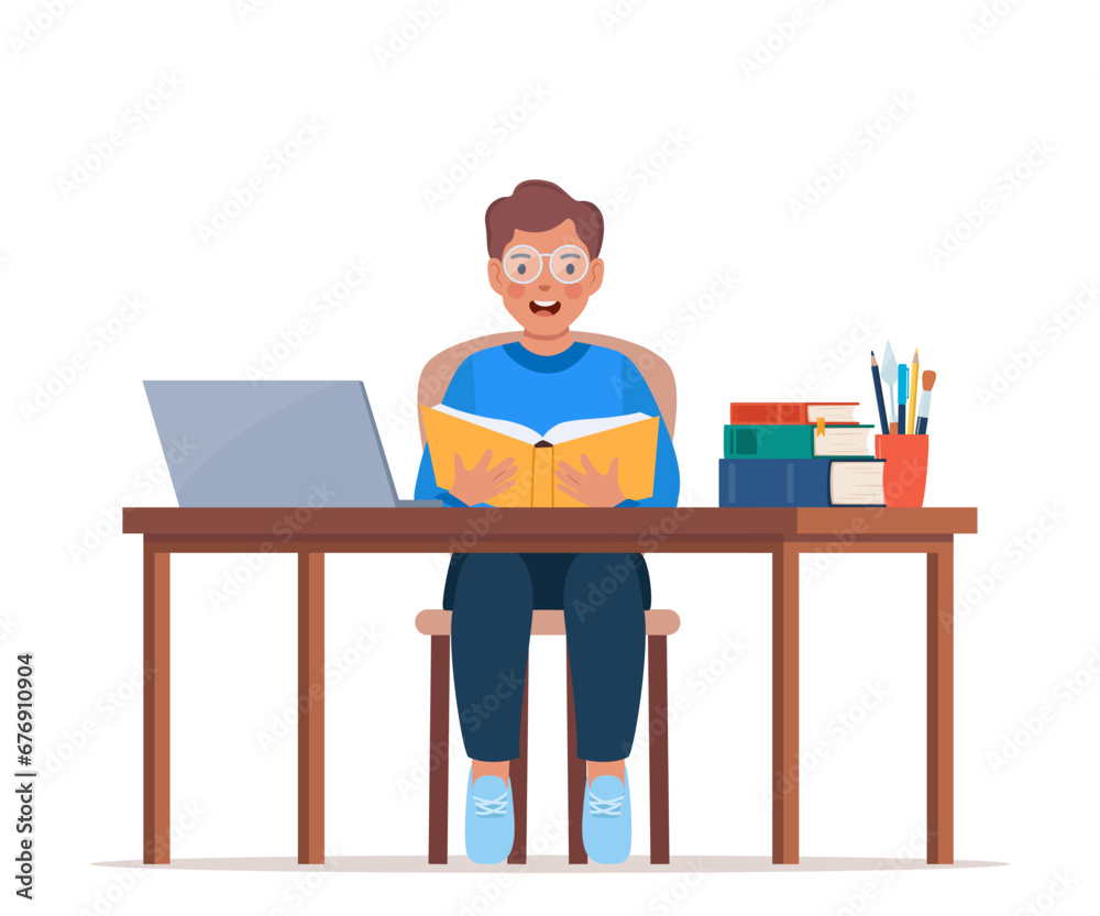 Online learning. Primary school boy pupil sit at desk. Knowledge, creativity, discoveries. Online courses of preschool education, distance learning or homeschooling. Vector illustration. Online learning. Primary school boy pupil sit at desk. Knowledge, creativity, discoveries. Online courses of preschool education, distance learning or homeschooling. Vector illustration.