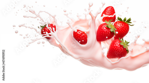 Splashes of milk or yogurt with strawberries on a white background. Falling and flying berries
