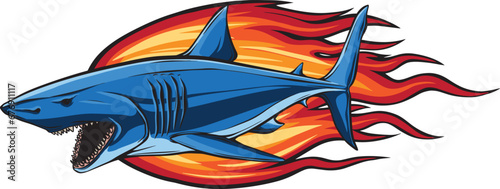 Danger shark with flames for tattoo or mascot design, such a logo template.
