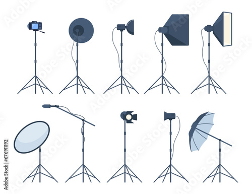 Different types of professional lighting equipment for blogging, vlogging and studio photo and video. Vector illustration. photo