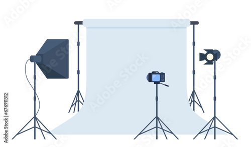 Photo studio with white blank background, soft box light, camera, spotlight. Professional equipment for photo and video shooting. Vector illustration.