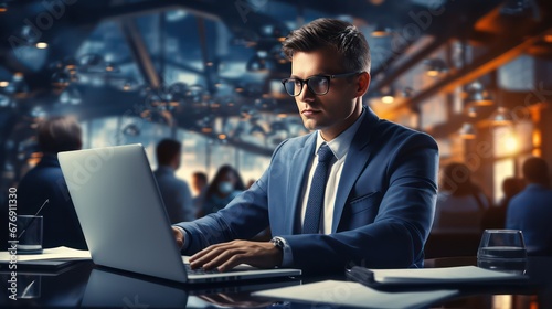 Businessman using laptop with digital business work